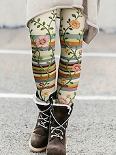 abordables Leggings forrados de forro polar-Mujer Polainas Leggings cómodos Vacaciones Vintage Casual Longitud total Alta cintura Floral Graphic A Rayas Estampado Comodidad Cómodo Alta elasticidad Casual Diario Vacaciones Verde Trébol