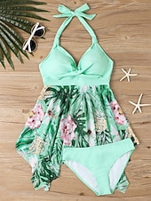 abordables Tankinis-Tankini pour femmes 2 pièces maillot de bain léopard culotte taille haute contrôle du ventre dos nu vacances plage floral en V sans manches