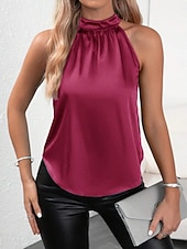 tanie Gładkie bluzki-Damskie Satynowa koszula Koszula obozowa Z marszczeniami Jednokolorowe Równina Elegancja Elegancki Bez rękawów Kantarka Zwykłe topy Święto Wyjściowe Czarny Żółty Czerwony Fuksja Zielony Lato Wiosna