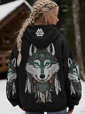 economico Top Viking-Per donna Felpa con cappuccio Patchwork Stampato Tasca Frontale Grafico Animale Geometrico Vintage Casual Boho Manica Lunga Con Cappuccio Top Regolari Casuale Streetwear Abbigliamento Quotidiano Nero