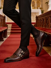 cheap Monk Shoes-Men's Brown Crocodile Print Monk Strap Shoes – Premium Leather with Stylish Buckle Design, Perfect for Weddings, Formal Events and Office Wear