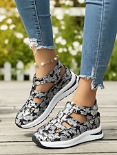 billiga Sport Sandaler-Svartvita blommiga sportsandaler för kvinnor – ihåliga promenadskor med sluten tå och kilformad sula för sommarresor och utomhusaktiviteter