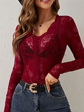 baratos Tops de Renda-Mulheres Blusa Tops de renda Renda Tecido à moda Sensual Manga Longa Decote V Tops regulares Diário Feriado Para Noite Preto Branco Vinho Azul Marinha Verde Esmeralda Outono Inverno