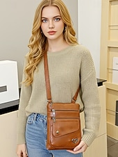 Недорогие Сумки через плечо-Женская сумка через плечо из искусственной кожи с несколькими карманами на молнии, регулируемым ремешком, доступна в нескольких цветах — идеально подходит для повседневных прогулок и повседневного использования.