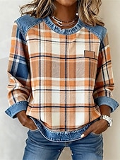 abordables Stripe&amp;Geometric Hoodies-Women's Pullover Sweatshirt Patchwork Print Plaid Color Block Plain Elegant Warm Punk Long Sleeve Round Neck Regular Tops Home Work Street Dark Yellow Light Brown Orange Spring
