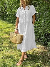 billige Essensielle falske kjoler-Dame Midikjole Kjoler i bomullslin Skjortekjole Hvit kjole Elegant kjole Elegant Årgang Mote Daglig utendørs Feriereise Løstsittende عادي Stripet Kortermet Skjortekrage Blå Hvit Rød Lilla Sommer Vår