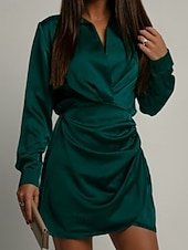 abordables mini robe noire-Femmes Mini Robe Robe en Satin Robe Chemise Robe froncée Moderne Quotidien Sortir Week-end Coupe régulière Uni manche longue Col de chemise Noir Vert foncé Marron Rose rouge Printemps Automne