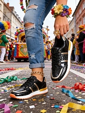 levne Dámská obuv-Zlaté metalické glitrové tenisky pro ženy Mardi Gras lehké karnevalové módní boty pro festivalové oblečení každodenní nošení cestování a oslavy