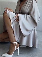 halpa Yksinkertainen mekko-Naisten Mini mekko Satiini mekko Tanssiaispuku Juhlamekko Coctail-asu Muoti Moderni Iltajuhlat Juhla Cocktailjuhla Normaali Tavallinen Pitkähihainen V kaula-aukko Musta Ruskea Apila Harmaa Kevät Syksy