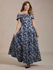  Femmes Robe maxi Robe à épaules dénudées Robe bustier Élégant Soirée Jacquard Fleuri Sans manches Épaules Dénudées Bleu