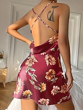 preiswerte Damen Nachtwäsche und Loungewear-Damen Freizeitkleidung Nachthemd Sexy Lässig Weich Blumen Gerafft Rückenfrei Kleid Heim Urlaub Ärmellos V Ausschnitt Schwarz Rote Grün Sommer Frühling Normale Passform