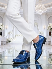cheap Derby Shoes-Men's Blue Patent Leather Crocodile Print Slip-on Shoes - Elegant Formal Footwear for Business and Evening Gatherings and Weddings