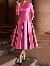 preiswerte Cocktailkleider-A-Linie Tee-Länge Cocktailkleider Partykleider Elegant Minimalistisch Dreiviertelarm Juwelenhals Hochzeitsgast Partykleidung Herbsthochzeitsgast Satin mit Falten