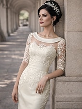 economico Lunghezza del tè-Sheath Column Knee Length Party Dress Cocktail Dress Wedding Guest Dress Mother of the Bride Dress Short Sleeve Jewel Neck Elegant Vintage Wedding Guest Satin Lace with Appliques