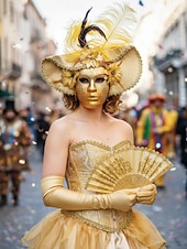 billiga Tillbehör-Kvinnors röd- och guldvenetiansk karneval Mardi Gras mask med fjädrar och blommiga detaljer – Perfekt för Mardi Gras och maskeradfester