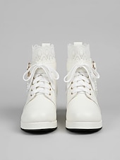 cheap Bride-Women's White Bridal Ankle Boots – Lace-Up Wedding Shoes with Heart and Pearl Decoration, Chunky Heel for Vintage-Inspired Brides