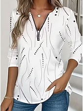 billiga Randig och geometrisk t-shirt-Dam T-shirt Dragkedja Mönster Grafisk Geometrisk Vintage Mode Stylish Långärmad Rund hals V-hals Vanliga toppar Dagligen Blå Vit Gul Rodnande Rosa Rubinrött Vår Höst Vinter
