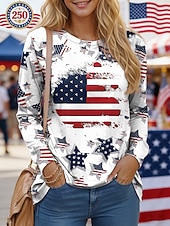  Giorno dell'Indipendenza Maglietta da Donna Patriottica Grafica Bandiera Stile Casual Maniche Lunghe Collo Girato Regolare Top Giornaliero Stampa Blu Bianco Rosso Estate Primavera