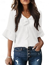 Χαμηλού Κόστους Επίσημες Μπλούζες-Γυναικεία Πουκάμισο Κομψή Σατέν Μπλούζα Μπλούζα Σουρωτά Με Βολάν Κουρελού Σκέτο Κομψό Βίντατζ Καθημερινά Μακρυμάνικο Λαιμόκοψη V Κανονικά μπλουζάκια Καθημερινά Δουλειά Αργίες