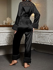 economico Top e pantaloni pigiama da donna-Per donna Abbigliamento da Casa Set Pigiama Moda Casual Morbido Colore Puro Pizzo Patchwork Pantalone Casa Vacanza Manica Lunga Scollo a V Nero Bianco Primavera Autunno Vestibilità regolare