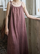 cheap Premium Linen Collection-Women's Midi Dress Cotton Linen Dresses Shift Dress Sundress Slip Dress Vintage Fashion Daily Outdoor Vacation Loose Fit Plain Sleeveless Straps Blue Teal White Yellow Summer Spring