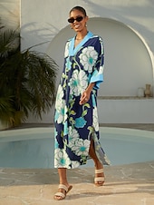 economico Abiti floreali-abito lungo da vacanza in rayon con maniche a dolman e motivo floreale color block