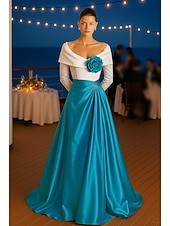 cheap A-Line Evening Dresses-A-Line Floor Length Evening Gown Ball Gown Formal Dress Elegant Color Block Silky Long Sleeve Off Shoulder Wedding Formal Pocket Satin with Pleats Pocket Shouder Flower
