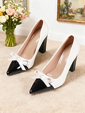 voordelige Pumps met blokhak-Dames tweekleurige groene en witte blokhak pumps - spitse neus met strikdetail, vintage chique stijl schoenen uit de jaren 50 voor werk, feestjes en dagelijkse outfits