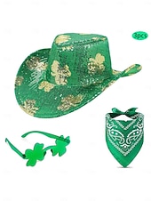  レディース 3ピース セントパトリックスデー スパンコール カウボーイハット、シャムロック サングラス &グリーンのバンダナセット - アイルランドのパレードやパーティーにぴったりの華やかなキラキラコスチュームアクセサリー &祝賀会