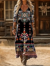 Недорогие Бохо платье-Женское макси-платье Boho Платье-обтягиватель Вечеринка Повседневное Ежедневная Встреча На выход Обычная посадка Графический Геометрический Пейсли Длинный рукав V-образный вырез Синий Черный