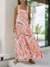 tanie Sukienki kwiatowe-Damskie Sukienka maxi Sukienka A line Sukienka na ramiączkach Urlop Codzienny Na zewnątrz Wyjściowe Luźna Kwiaty Graficzny Bez rękawów Cienkie ramiączka Niebieski Błękit nieba Pomarańczowy Zielony