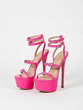 cheap Platform Sandals-Women's Hot Pink Patent Platform Stiletto Heels - Strappy Nightclub Sandals for Sexy Party Looks and Nightlife Glam