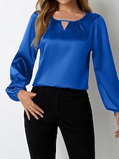economico Bluse Semplici-Per donna Blusa Tinta unica Elegante Casual Manica Lunga Girocollo Top Regolari Quotidiano Blu Nero Vino Rosso Fucsia Estate Primavera