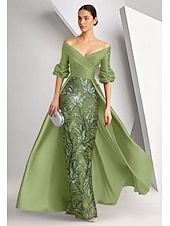 baratos Vestidos de baile-Linha A Tubinho Longo Bordado com miçangas Vestido formal Vestido para a mãe da noiva Vestidos de noite Vestido de baile com sobressaia Vestido formal Elegante Brilhante Manga 3/4 Ombro a Ombro