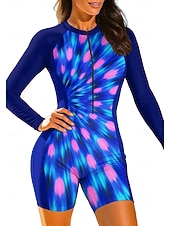 cheap One Pieces Rash Guards-Women's Medium Rash Guard Bathing Suit Athletic Swimwear Tie Dye Color-blocking Removable Pad Front Zip Boyleg UV Sun Protection UPF50+ Stretchy Long Sleeve Swimwear Bodysuit Surfing Beach Water