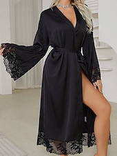 abordables Combinaisons pour femmes-Femmes Robe Occasionnel Doux Satin Couleur Unie Dentelle Quotidien Maison Lit manche longue Col en V Noir Blanche Été Coupe régulière