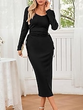 cheap Women-Women's long sleeve square neck waist pleat one side slit ribbed long dress