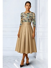  А-силуэт Ниже колена Вышивка бисером Вечернее платье Платье матери невесты коктейльные платья Платья для вечеринок Элегантный стиль Рукав 3/4 Вырез под горло Вечеринка в саду Свадьба Сатин Кружева с