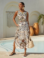 baratos Vestidos Florais-vestido longo de cetim sedoso com estampa de leopardo vintage