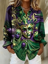 preiswerte Blumenblusen-Karnival Damen Hemd Bluse Patchwork Knöpfe Druck Grafik Abstrakt Vintage Stilvoll Lässig Langarm V Ausschnitt Hemdkragen Normale Oberteile Täglich Schwarz Violett Purpur Grün Sommer Frühling Herbst