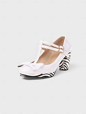 baratos Sapatos femininos-Sapatos Elegantes de Salto Chunky com Fivela em Laço de Carnaval Diário Femininos de Mardi Gras em Preto Branco e Amarelo com Bico Redondo