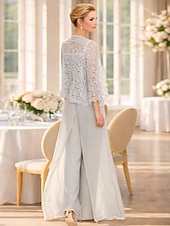 cheap Mom's Jumpsuits-Jumpsuit Pantsuit 3 Piece Floor Length Mother of the Bride Dress Sleeveless Square Neck Elegant Plus Size Formal Wedding Guest Chiffon Corded Lace Wrap Included with Lace Appliques