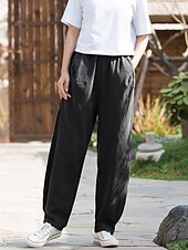 preiswerte Unterteile-Damen Hose aus Baumwollleinen Chinos Sommerhose Lange Unterhosen Urlaub Streetwear Basic Volle Länge Mittlere Taillenlinie Einfach Tasche Elastischer Bund Bequem Komfort Unelastisch Täglich Outdoor