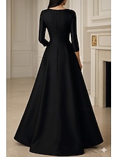 cheap A-Line Evening Dresses-A-Line Floor Length Evening Gown Ball Gown Formal Dress Elegant Tiered Plisse 3/4 Length Sleeve V Neck Wedding Formal Satin with Rhinestone Ruffles Solid Color