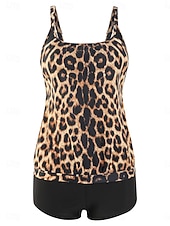abordables Tankinis-Bañador de tankini de 2 piezas para mujeres leopardo pantalones cortos control de abdomen alta cintura delgado espalda descubierta para vacaciones playa hojas cuello redondo sin mangas
