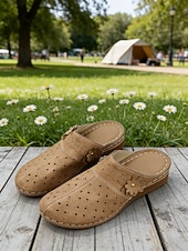 economico Zoccoli e pianelle da donna-Women's Blue Perforated Mule Clogs - Floral Detail Comfort Casual Shoes, Ideal for Garden Walks, Picnics, Daily Errands &amp; Outdoor Gatherings