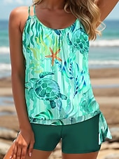 baratos Tankinis-Maiô Feminino 1 Peça Vestido Shorts Controle de Barriga Cintura Alta Slim Costas Nuas Praia de Férias Gráfico U Neck Sem Mangas