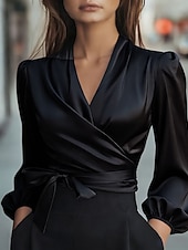 ieftine Bluze elegante-Pentru femei Cămașă Elegant Top din satin Bluză Cu Șiret Simplu Elegant Stilat Manșon Lung În V Topuri obișnuite Zilnic Muncă Concediu Negru Roșu Vin Trifoi Caisă Vară Primăvară Toamnă