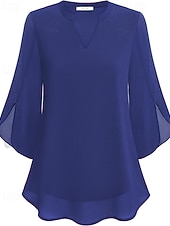 abordables Blouses Élégantes-Femmes Chemisier Hauts en mousseline de soie Patchwork Uni Élégant Occasionnel Demi Manches Col en V Hauts Réguliers Quotidien Fête Sortir Noir Rose Claire Vin Rouge Bleu Roi Été Printemps Automne