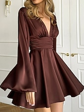 halpa Yksinkertainen mekko-Naisten Mini mekko Satiini mekko Tanssiaispuku Juhlamekko Coctail-asu Muoti Moderni Iltajuhlat Juhla Cocktailjuhla Normaali Tavallinen Pitkähihainen V kaula-aukko Musta Ruskea Apila Harmaa Kevät Syksy